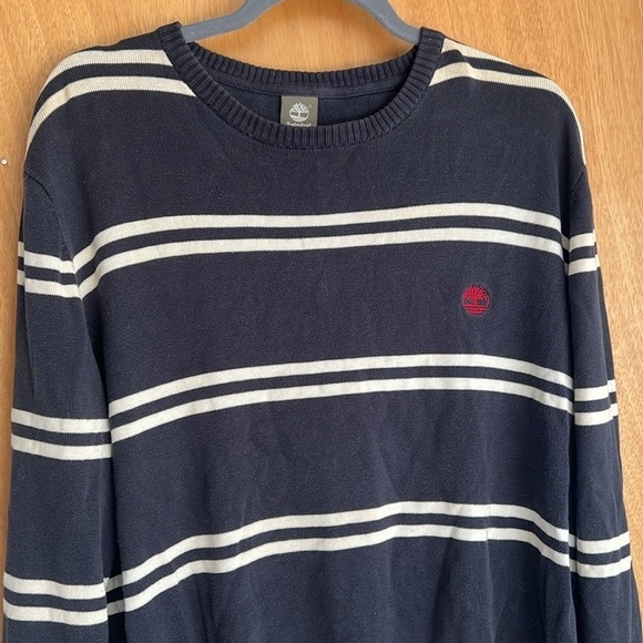 timberland knit sweater navy blue white stripe red embroidered emblem - Picture 2 of 4